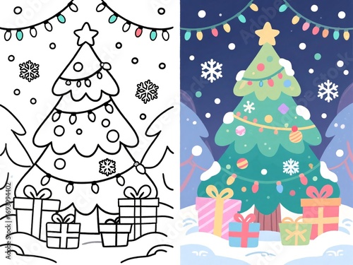 A festive Christmas coloring page featuring a decorated tree with presents, snowflakes, and garlands, shown in both black-and-white (left) and fully colored (right) versions
