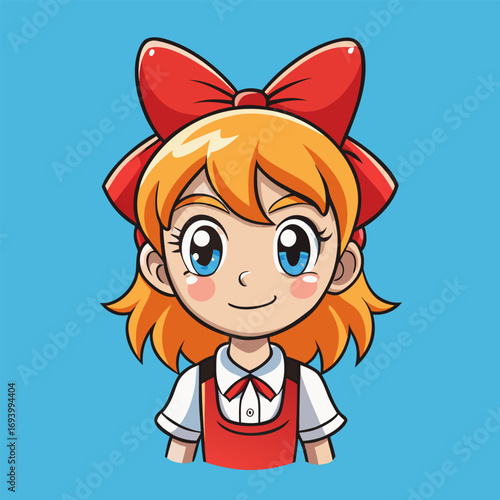 Lively girl cartoon with red bow on head radiates playful energy while smiling happily