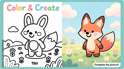 A cheerful coloring page featuring a cute cartoon fox in a sunny meadow with flowers, clouds, and the text 