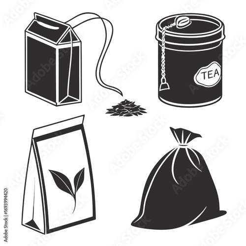 Tea packaging collection black white silhouettes sachet