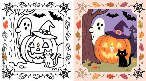 A Halloween-themed coloring page featuring a jack-o'-lantern with a witch's hat, a black cat, and spooky elements like bats and ghosts, shown both in black-and-white outline and fully colored version