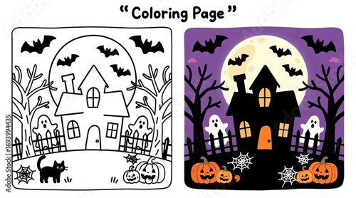 A Halloween-themed coloring page featuring a spooky haunted house, bats, pumpkins, ghosts, and a full moon, shown in both black-and-white (left) and fully colored (right) versions
