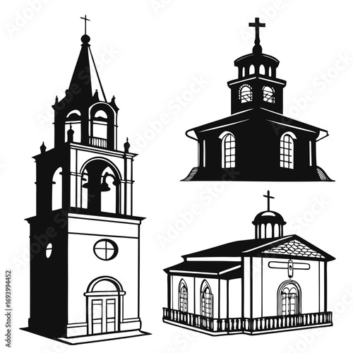 Three black church architectural silhouettes with crosses architecture white