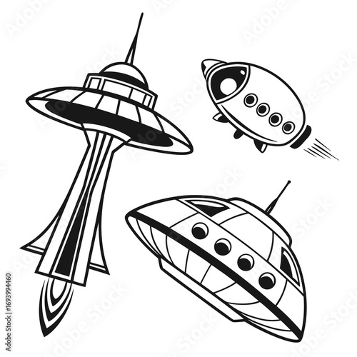 Three black and white retro science fiction spacecraft illustrations spaceship rocket