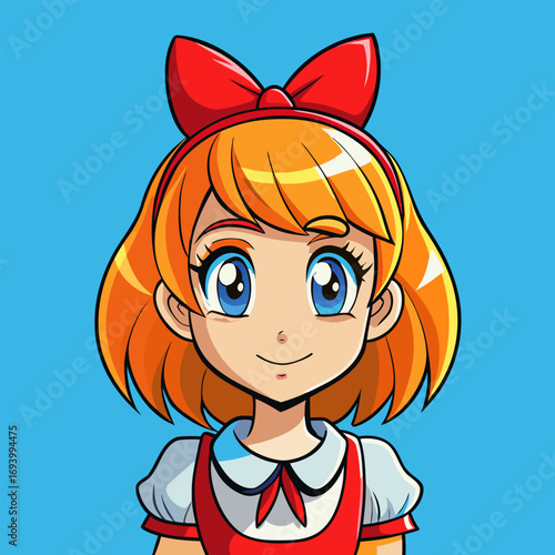 Cheerful girl character with red bow on head smiles brightly while posing playfully