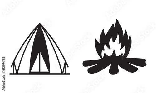 Glamping and Camping Elements Outdoor Icons, Tents, Cabins & Adventure