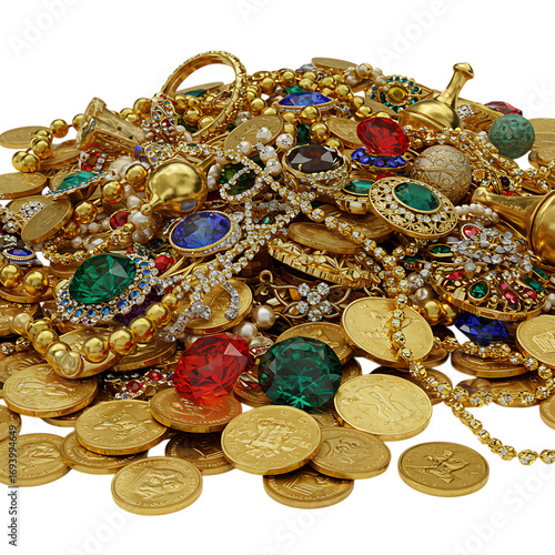 Pile of Gold Coins, Jewelry, and Gemstones isolated on transparent background