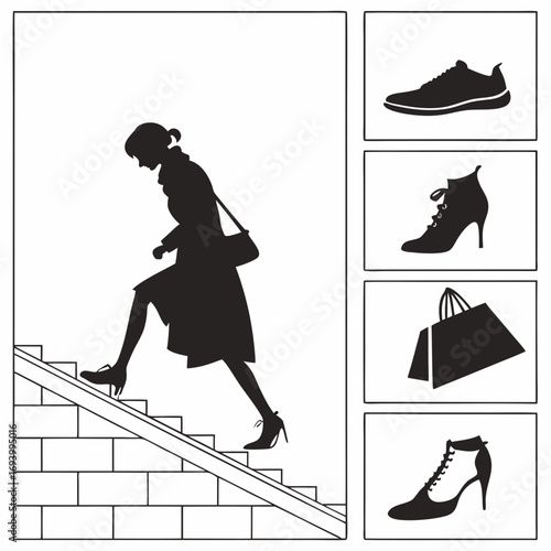 Woman climbing stairs with shoe and shopping bag icons silhouette high heels