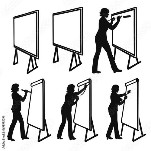 Woman writing on whiteboard and blackboard icons presentation silhouette