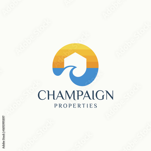 Letter O ocean logo with home and wave design vector illustration