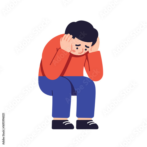 A minimalist 2D flat vector illustration shows a cartoon character holding its head in its hands, conveying quiet despair and profound sadness, isolated on a clean white background.