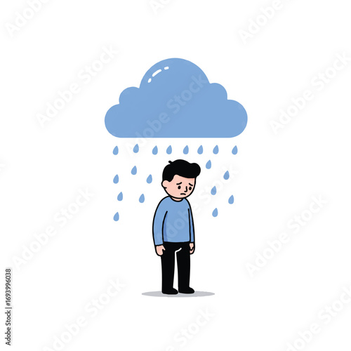 A sad cartoon character stands under a single symbolic rain cloud, expressing deep sadness in a minimalist 2D flat vector illustration, isolated on a clean white background.