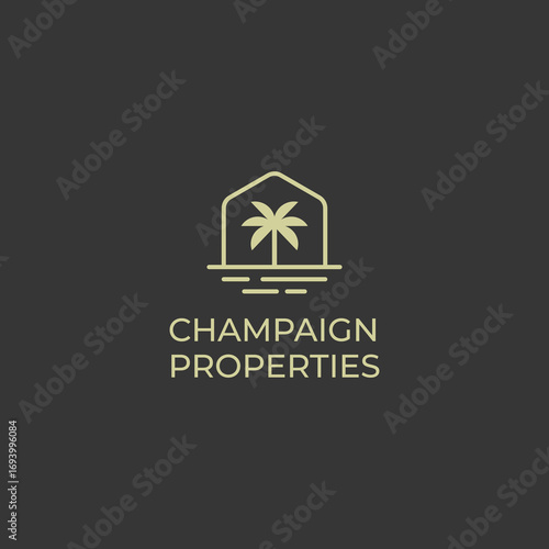 Home with palm tree ocean logo design vector icon