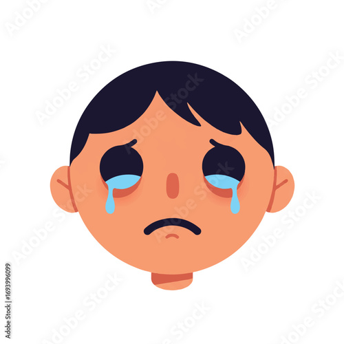 A sorrowful cartoon character with empty, distant eyes, depicted in a minimalist 2D flat vector illustration, isolated on a clean white background, conveying profound sadness.