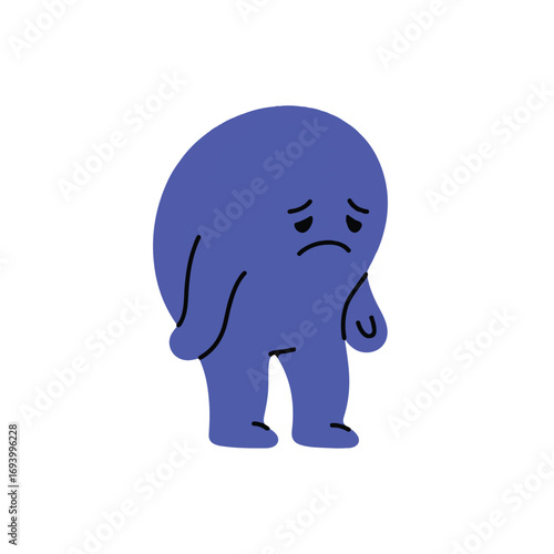 A deeply sad abstract cartoon blob character, rendered in a minimalist 2D flat vector illustration style with clean lines and solid colors, appears isolated on a pristine white background.