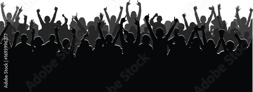 Excited Crowd Silhouette Cheering at Concert Festival Event with Hands Raised in Air – Vector Illustration for Celebration Themes