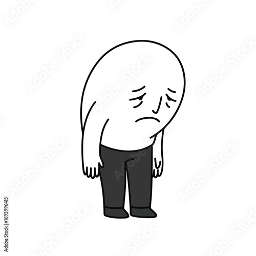 A profoundly sad extremely minimalist cartoon character is depicted with essential lines in a 2D flat vector illustration style, isolated on a clean white background, conveying deep emotion.