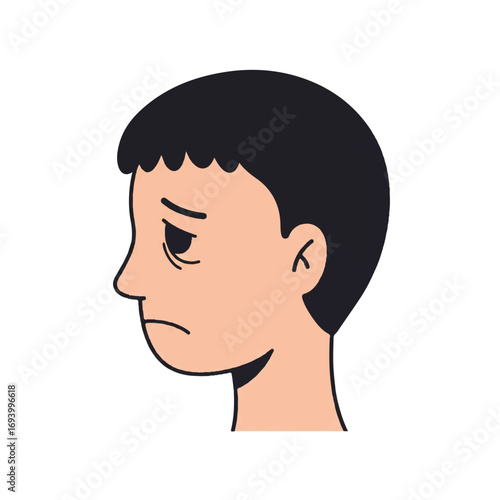 A melancholic cartoon character with an empty gaze is depicted in a minimalist 2D flat vector illustration, showcasing clean lines and solid colors on a pristine white background.