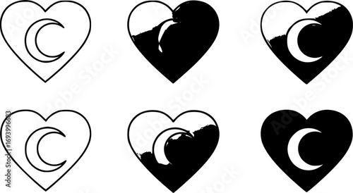 set of Heart shape with Crescent inside. Vector icon in 4 different styles.
. on white background