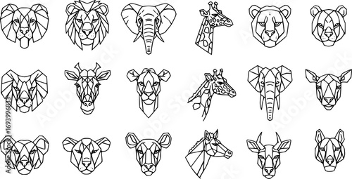 Savanna geometric animal heads icon set. Thin line editable stroke icons. Safari, African wildlife animals
