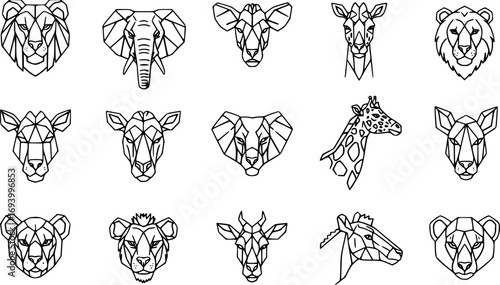 Savanna geometric animal heads icon set. Thin line editable stroke icons. Safari, African wildlife animals
