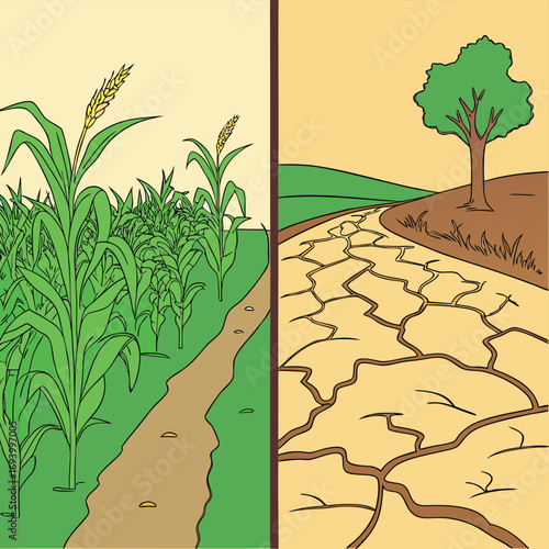 Agriculture's Dichotomy: A striking illustration contrasts a lush, thriving cornfield with a parched, cracked earth landscape.
