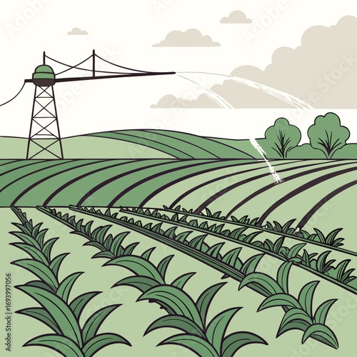 Irrigation on the farm: An illustration shows the agricultural irrigation system in action, as water is distributed across cultivated fields to nourish the crops.
