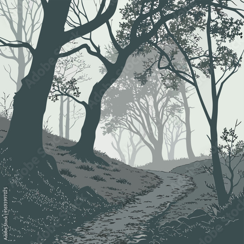 Mysterious Forest Path: A serene pathway winds its way through a misty forest, leading the viewer deeper into the depths of the woodland and inviting exploration and reflection. 
