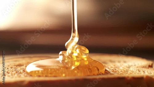 Golden Honey Drizzling Over Toast On Light Brown Background In Elegant Macro Shot