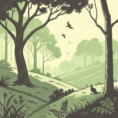 Forest illustration:A serene forest scene, a visual treat, the illustration portrays an idyllic and colorful forest, evoking a sense of tranquility and wonder.
