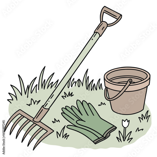 Garden Toolkit Illustration: A simple yet charming illustration of essential gardening tools arranged on a patch of grass, including a rake, bucket, and gardening gloves.