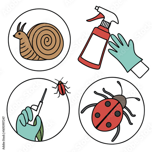 Pest Control Illustration: A conceptual vector illustration, the scene depicts tools and symbols of pest control, each item framed within circular vignettes on a clean, uncluttered backdrop. 