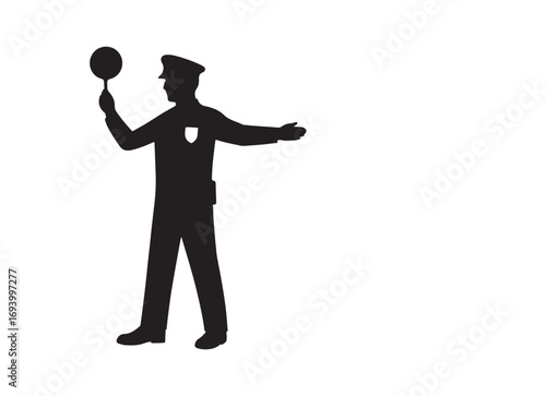 Silhouette of a police officer directing traffic with a stop sign gesture.