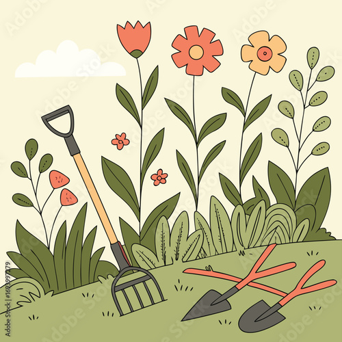 Garden Tools and Blooming Flowers: A charming illustration showcasing gardening tools amidst colorful flowers and lush greenery, capturing the essence of springtime and horticultural beauty.