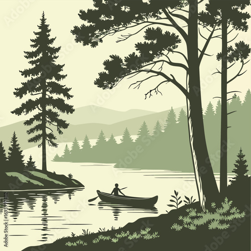 Serene Lakeside Escape: A lone individual navigates a canoe across a calm lake, framed by a picturesque landscape of towering evergreen trees and gentle rolling hills.