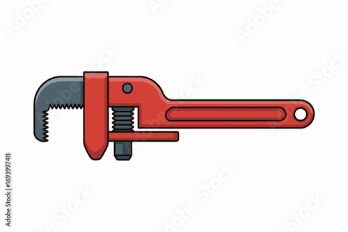 Illustration of a red pipe wrench tool for plumbing and industrial applications showcasing adjustable jaws and ergonomic handle on a white background