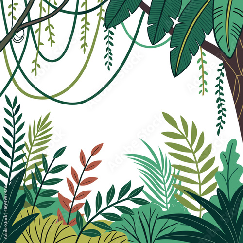 Jungle Foliage Illustration: a vibrant illustration showcases the lush and diverse plant life found within a tropical jungle, featuring a variety of detailed leaves and vines in a colorful style.