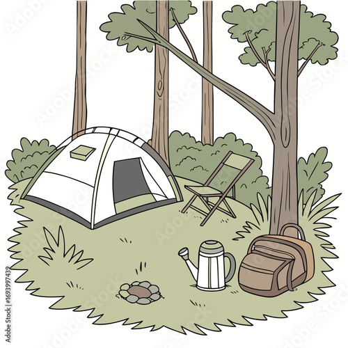 Camping Scene: This illustration shows the simplicity and joy of camping in nature, capturing the essential elements of outdoor adventure. A tent sits nestled beneath the trees, next to a chair.