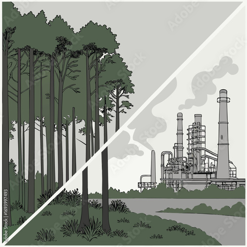 Forest vs. Factory: A stark illustration juxtaposes a tranquil forest with an industrial factory, highlighting the environmental impact of industry. 