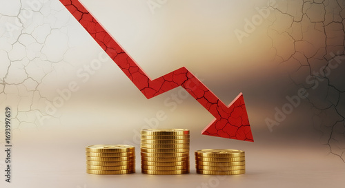 Red arrow pointing down over gold coins symbolizing financial loss and economic downturn concept art
