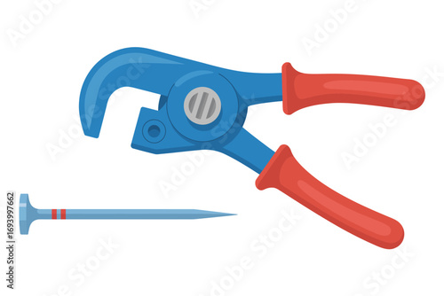 Illustration of Blue Nippers with Red Handles and a Steel Nail Construction and Repair Tool Concept