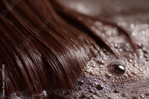 close-up photo of brown hair with shampoo foam on it,  in the style of beauty photography, magazine cover style