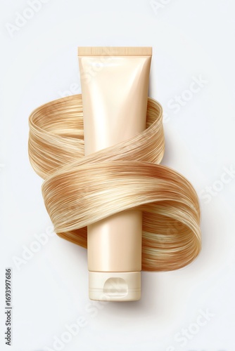 A lock of female hair with shampoo bottle