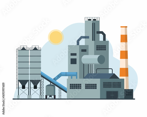 Modern Industrial Facility Vector Manufacturing Plant With Silos, Tower, Conveyors, and Energy Production Details