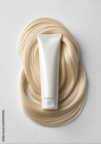 a hair cream tube with long, straight blonde hair wrapped around it, against a white background, in high-resolution photography.