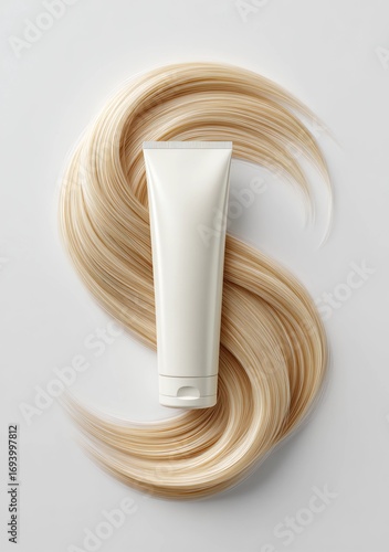 A lock of female hair with shampoo bottle