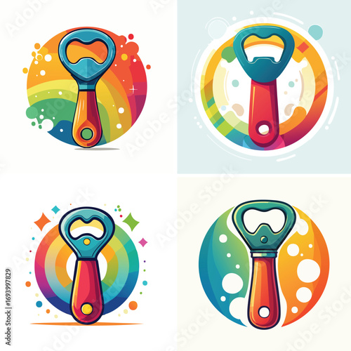 Bottle opener in a bright vector collection mixing multiple colorful elements.