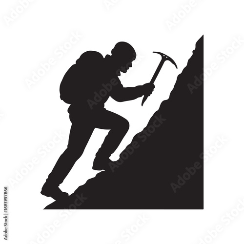 Silhouette of a climber ascending a steep mountain peak with ice axe and backpack.
