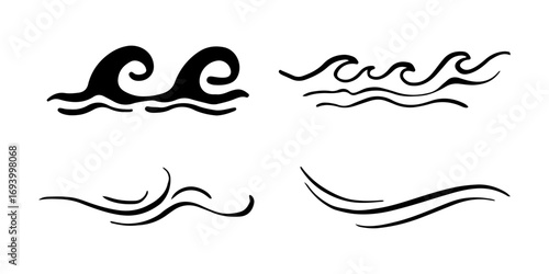 Doodle sea wave icons. Hand drawn simple wavy lines. Sea storm scribble icons set. Ocean water flow curve sketch. Aqua doodle symbols. Vector illustration isolated on white background.