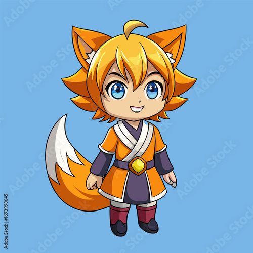 lively cartoon figure with a bushy fox tail wears a vibrant outfit and exudes playful energy